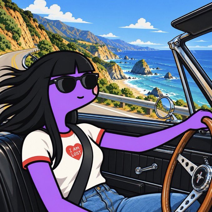 An anime-style illustration of a purple-skinned character with black hair and sunglasses driving a convertible along a coastal highway, wearing a white t-shirt that says 'I AM LOST'.