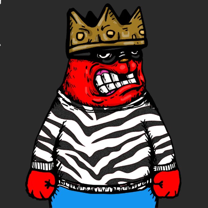 An illustration features an angry red-faced cartoon character wearing a black crown and a zebra-striped shirt against a black background.