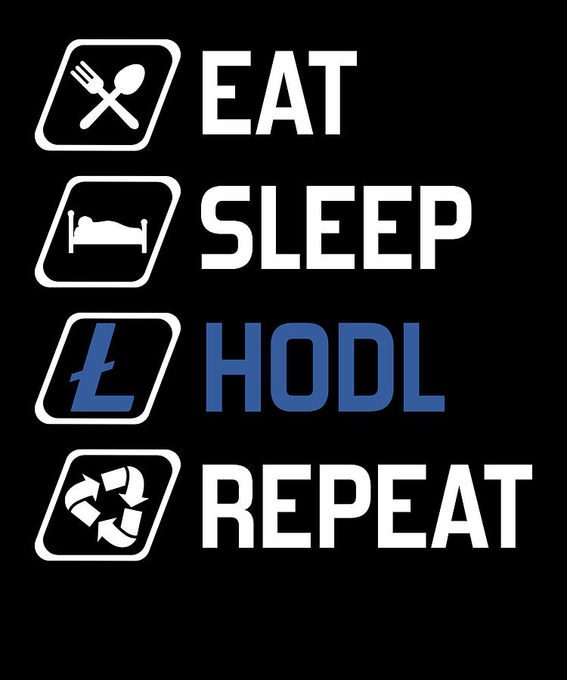 A black graphic displays the iconic "Eat Sleep [X] Repeat" meme format, with the third line featuring a blue Litecoin (LTC) logo alongside the word "HODL" in matching blue text, parodying the original phrase to emphasize a crypto lifestyle message. The accompanying post reinforces this by urging viewers to simply keep holding Litecoin ($LTC).