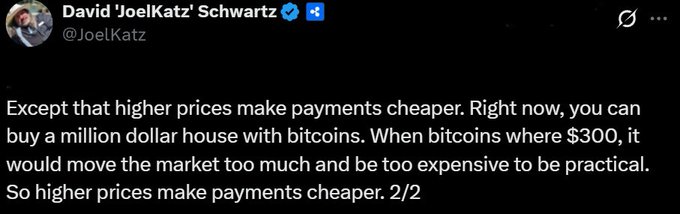 A tweet from David 'JoelKatz' Schwartz (@JoelKatz) reads: "Except that higher prices make payments cheaper. Right now, you can buy a million dollar house with bitcoins. When bitcoins where $300, it would move the market too much and be too expensive to be practical. So higher prices make payments cheaper. 2/2," arguing that a higher XRP or crypto price paradoxically reduces market impact and makes large payments more practical, which complements the post's point that XRP is embedded as a core settlement asset on the XRP Ledger.