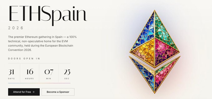 A webpage for 'ETHSpain 2026' describing it as the premier Ethereum gathering in Spain, featuring a countdown timer and a colorful stained-glass Ethereum logo.