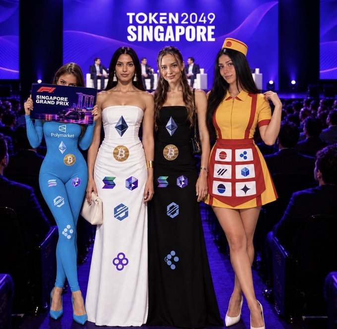 Four women stand at a 'TOKEN 2049 SINGAPORE' event, with one holding a 'SINGAPORE GRAND PRIX' sign; their outfits are decorated with cryptocurrency logos including Bitcoin, Ethereum, Solana, and others.