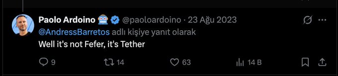 This image shows a tweet from Paolo Ardoino, @paoloardoino, dated August 23, 2023, where he states "Well it's not Fefer, it's Tether". This tweet is in response to a user and likely relates to the accompanying post about the $fefer token.