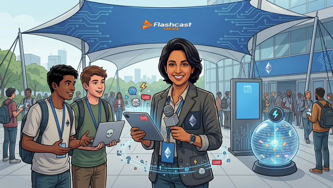 The image features three people standing under an umbrella, with one of them holding a laptop computer. The background shows a building and a sign that reads "ETHGlobal NYC". A person wearing a suit can be seen in the scene as well. There are also several other people present in the area, some of whom appear to be carrying backpacks or laptops.