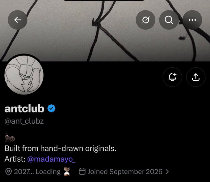 A screenshot of the verified "antclub" (@ant_clubz) X profile with an ant emoji, showing a hand-drawn skeletal figure profile picture and bio reading "Built from hand-drawn originals. Artist: @madamayo_," along with a banner featuring tangled lines and an ant, matching the post's announcement of an early alpha project by artist @madamayo_ launching in 2027.