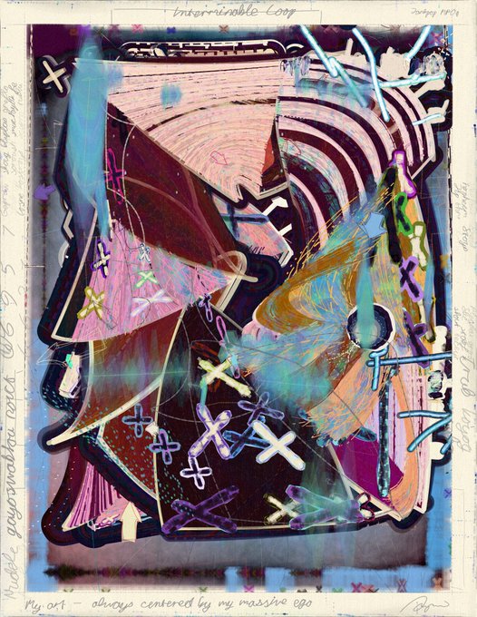 An abstract painting titled 'Interminable Loop' featuring chaotic brushstrokes, X marks, and handwritten text including 'My art - always centered by my massive ego' along the edges.