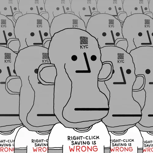 A surreal meme illustration showing multiple gray humanoid faces with QR codes labeled 'KYC' on their foreheads, wearing shirts that read 'RIGHT-CLICK SAVING IS WRONG'.