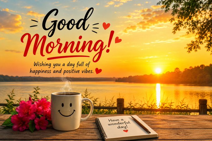 A scenic sunrise over water with a smiley mug, pink flowers, and a notebook reading 'Have a wonderful day!', alongside a 'Good Morning!' message wishing happiness and positive vibes.