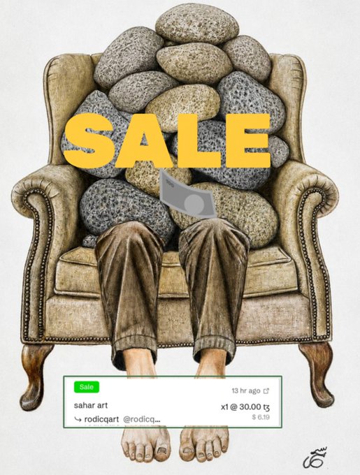 An illustrated artwork showing a person sitting in an armchair covered by a pile of rocks, overlaid with bold yellow 'SALE' text and a product card for 'sahar art' priced at '₿ 6.19'.