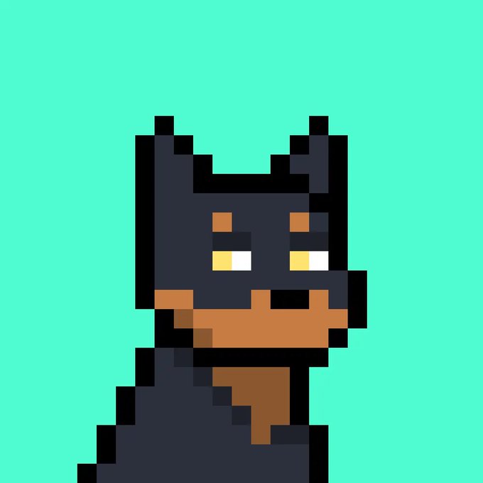 A minimalist pixel art illustration of a dark-colored cat with orange and yellow facial features, wearing a scarf, set against a solid green background.