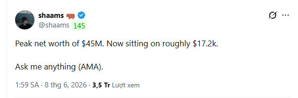 The image features a screenshot of a social media post that says, "How to Lose 45 Million Dollars in One Year Shaams once turned 100k$ into 45M$. Shaams now sits on roughly $17.2k$, this lesson hurts more than any rug pull, Ae." The post is written by an individual named Shaams and is shared on various social media platforms. The caption is a joke or a statement about the monetary value of something that should be money, which adds humor to the post.