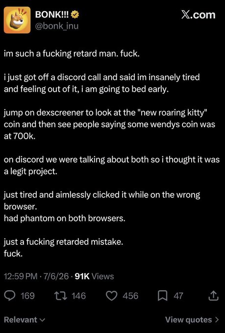 A tweet from BONK (@bonk_inu) explains a mistake where the user accidentally clicked a fake Wendy's coin transaction instead of the new Roaring Kitty coin while tired, calling themselves a 'retard' for the error.