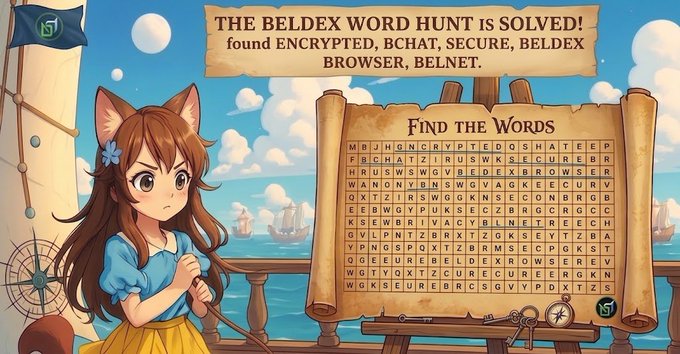 An illustrated word search puzzle titled 'THE BELDEX WORD HUNT IS SOLVED!' featuring an anime girl with fox ears on a pirate ship, listing words like ENCRYPTED, BCHAT, SECURE, BELDEX BROWSER, and BELNET.