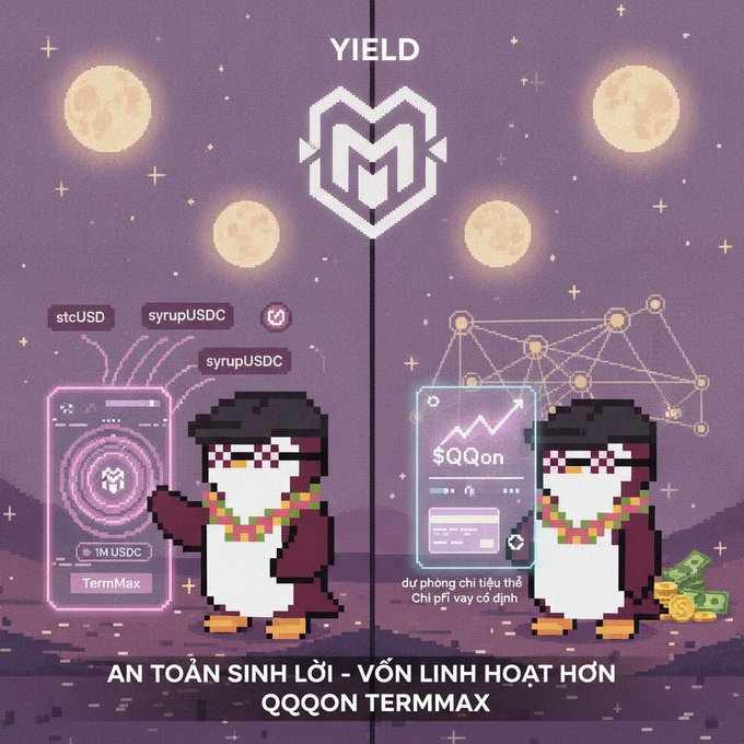 A pixel art promotional graphic for 'YIELD' featuring two penguins, with Vietnamese text reading 'AN TOÀN SINH LỜI - VỐN LINH HOẠT HƠN' and 'QQQON TERMMAX' at the bottom, alongside text like 'TermMax', 'stcUSD', and 'syrupUSDC'.