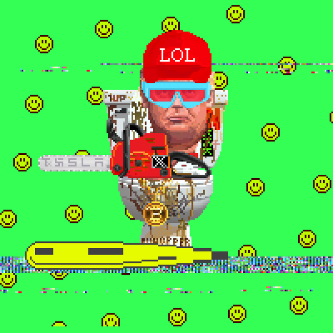 A vibrant, low-resolution digital artwork on a bright green background filled with yellow smiley faces, depicting a pixelated character wearing a red cap labeled 'LOL' and blue sunglasses, holding a chainsaw with a 'WINK-O-FEE' label.