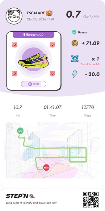 A STEPN fitness app screenshot showing an 'ESCALADE' run from 21/07/2026 with a pace of 0.7 GMT/Min, covering 10.7 km in 1:41:07 with 12,770 steps, earning +71.09 GMT.