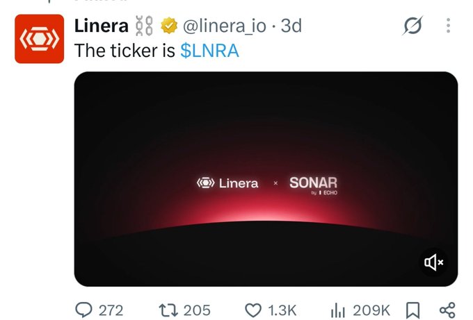 A tweet from Linera (@linera_io) announces 'The ticker is $LNRA' alongside a red graphic showing a partnership between Linera and SONAR by ECHO.