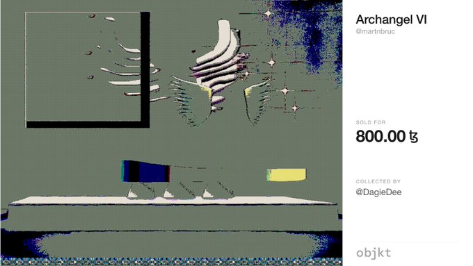 A digital art piece titled "Archangel VI" by @martnbruc on Objkt, sold for 800.00 ₮ and collected by @DagleDee, depicting a glitchy, abstract figure.