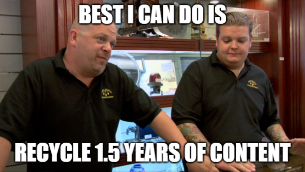 The image shows two men in black polo shirts, one bald and one with brown hair, standing in what appears to be a shop, with overlaid text reading "BEST I CAN DO IS RECYCLE 1.5 YEARS OF CONTENT." The meme humorously relates to the post by using Rick Harrison from "Pawn Stars" to suggest that after being shadow banned, the only option left is to repost old content no one saw.