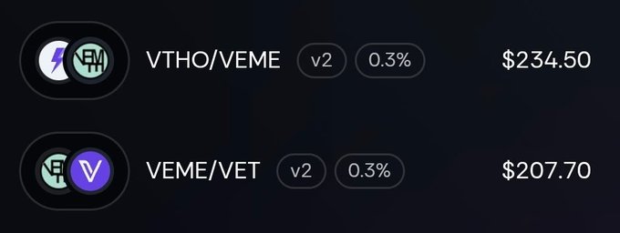 A cryptocurrency exchange interface showing trading pairs 'VTHO/VEME' priced at $234.50 and 'VEME/VET' priced at $207.70, both with v2 and 0.3% tags.