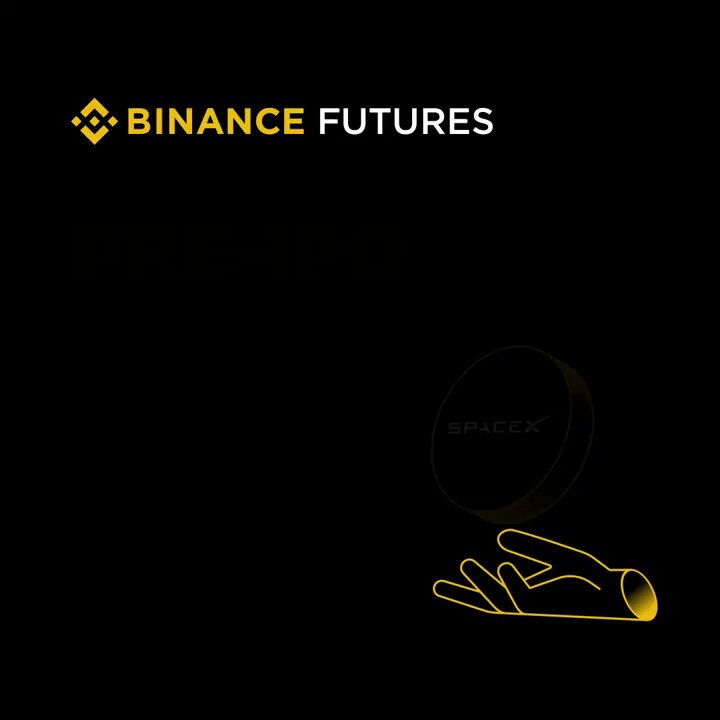 The image features a black background with a yellow logo for Bitcoin Futures, which is an upcoming IPO of SpaceX. The text "Binance Futures" is written above the logo, indicating that this is a promotional campaign for the Bitcoin Futures token. The main focus of the image is a hand holding a piece of paper with the Bitcoin Futures logo on it. This highlights the connection between the Bitcoin Futures token and SpaceX's IPO.
