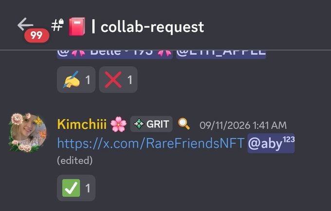 A screenshot of a Discord channel named 'collab-request' showing a message from user 'Kimchiii' with an X (formerly Twitter) link for RareFriendsNFT.