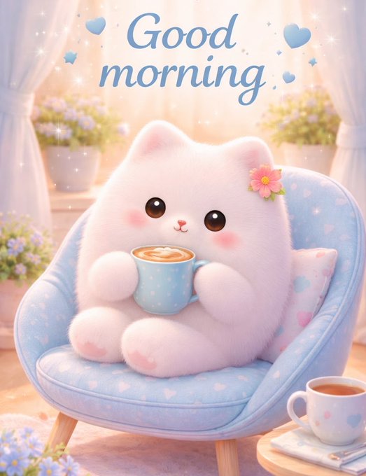 The image features a cute white stuffed animal, possibly a cat or a teddy bear, sitting comfortably in a chair with its paws around a cup of coffee. The background includes potted plants and a window, creating an inviting atmosphere for relaxation. The caption "Good morning" is written above the stuffed animal, suggesting that it's a good day to enjoy some coffee while reading a book or simply enjoying the view outside.