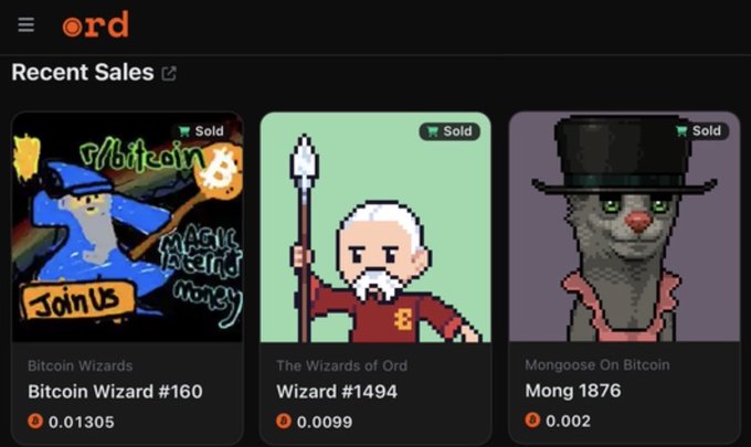 A screenshot of the Ord platform displaying a "Recent Sales" section featuring three sold Bitcoin Ordinals: "Bitcoin Wizard #160" for 0.01305 BTC, "Wizard #1494" for 0.0099 BTC, and "Mongoose On Bitcoin Mong 1876" for 0.002 BTC, each marked with a "Sold" label.