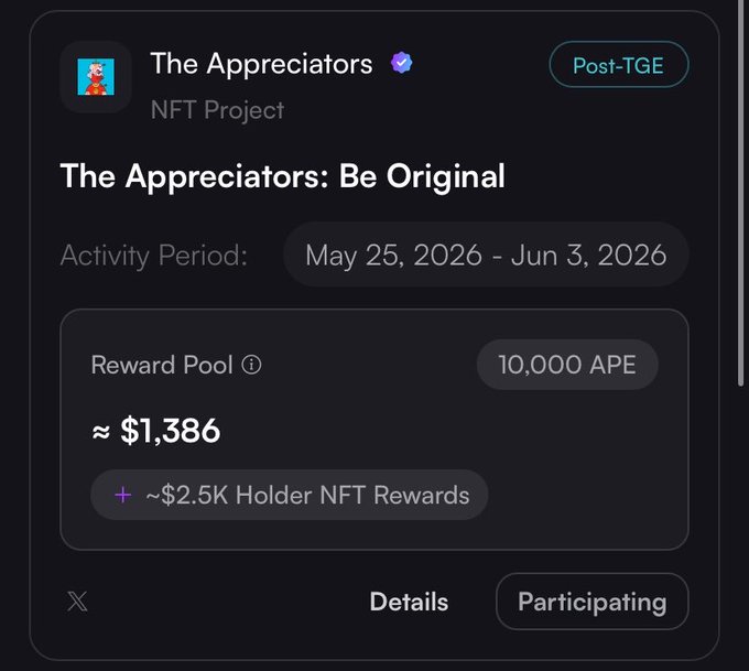 irtp screen for The Appreciators' NFT Project, showing a list of rewards and participant details.