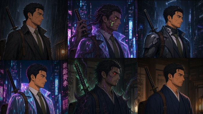 A collage of six anime-style illustrations depicts a dark-haired man in a suit with a sword strapped to his back, showcased across various cyberpunk and traditional Japanese settings.