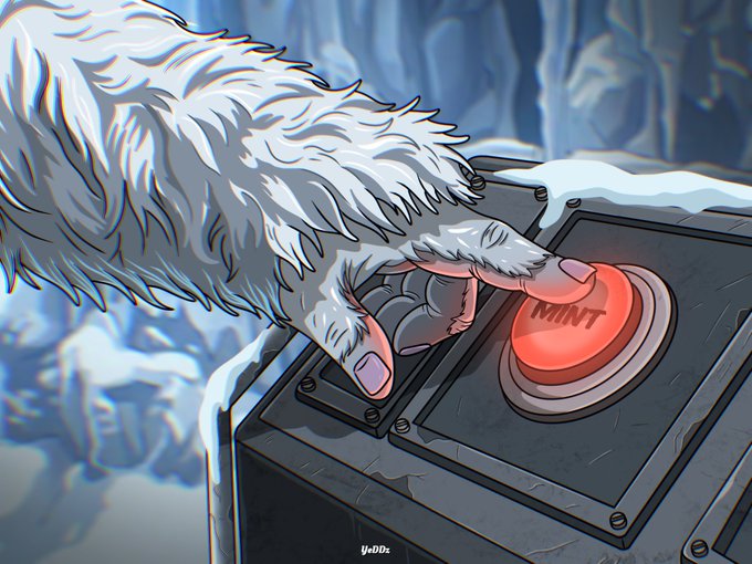 The image features a hand pressing a red button labeled "MINT". The background shows a snowy landscape with mountains, suggesting that the post might be related to a winter-themed event or an advertisement for a product or service related to winter activities. The text in the image reads "The YeDDz are coming, are you prepared $HBAR fam? The exact date and time haven't been announced but you'll know when it's due. Most will be surprised that majority of round 1 will be given away for FREE. Do you know which NFTs to hold for a free mint or 2?".