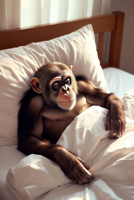 A chimpanzee peacefully sleeps tucked under white bedsheets on a pillow in a sunlit bedroom.