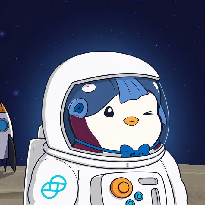 A cartoon illustration of a chubby penguin-like character wearing a white astronaut suit and helmet, winking with one eye, set against a dark starry space background with a rocket visible on the left.