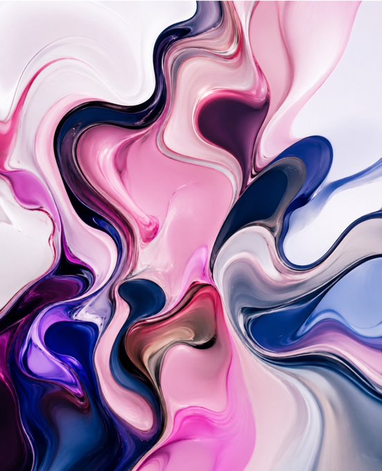 A fluid abstract digital artwork featuring swirling, marbled forms in pink, navy blue, white, and hints of purple, evoking a sense of flowing liquid or melted pigments. The piece, titled "Ah, my dear Cordelia," is a 1/1 NFT minted on Tezos (objkt.com), with the smooth, organic curves suggesting emotional intimacy or a tender personal address befitting the dedication.