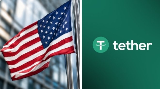 An American flag alongside the Tether logo illustrates the potential impact of the GENIUS Act on the USDT stablecoin, which could face delisting from U.S. exchanges by July 2028 if Tether fails to meet new reserve backing requirements.