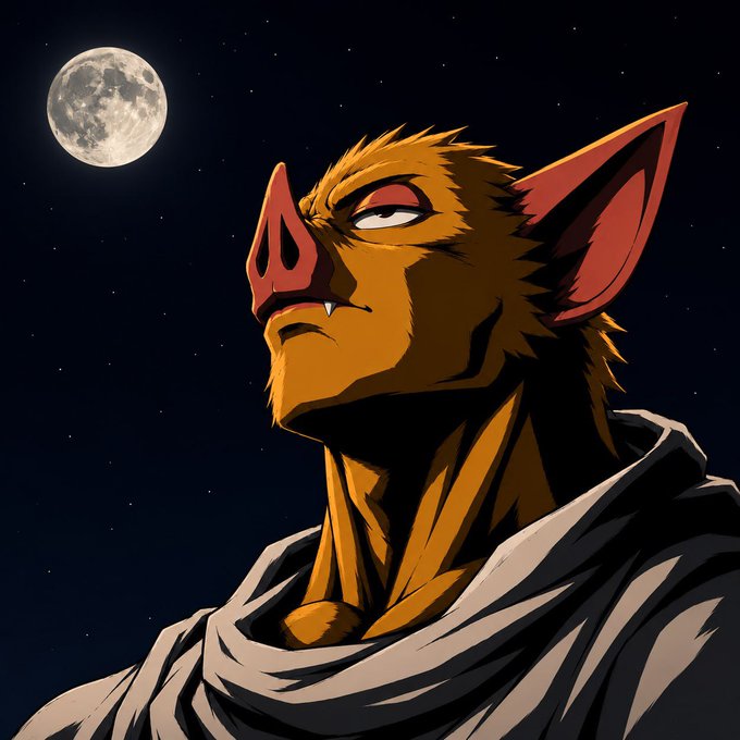 The image features an anime-style illustration of a werewolf-like creature with golden fur, pointed ears, and a single visible fang, set against a starry night sky with a full moon. It relates to the "pfp of Robinhood" as a stylized profile picture, embodying a fierce and mysterious aesthetic often used as social media avatars.