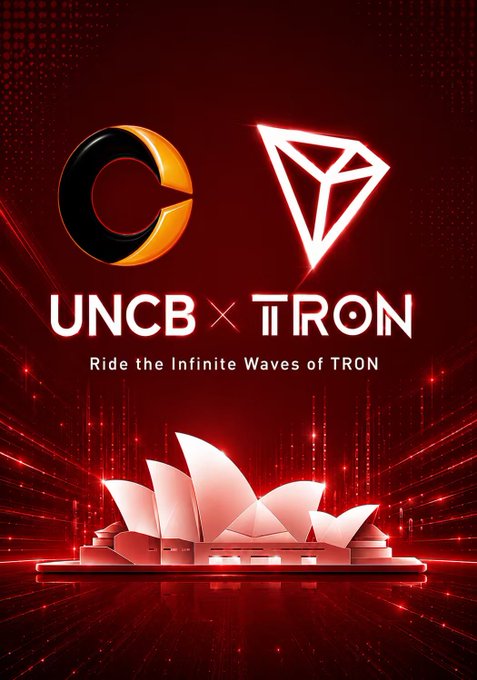 A promotional graphic for the "UNCB × TRON" collaboration event, featuring the logos of UNCB and TRON above a stylized image of the Sydney Opera House rendered in red tones against a dark background, with the tagline "Ride the Infinite Waves of TRON." The image visually reinforces the post's announcement of the partnership event between UNCB and TRON DAO, highlighting the Sydney CBD venue and the Web3/stablecoin/payments/AI theme.