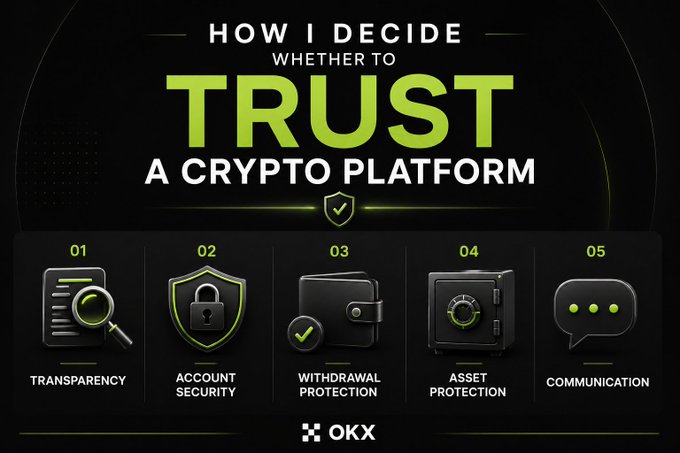 The image, branded by OKX, is an infographic titled "How I Decide Whether to Trust a Crypto Platform," outlining a 5-point checklist: 01 Transparency, 02 Account Security, 03 Withdrawal Protection, 04 Asset Protection, and 05 Communication. It visually complements the post's theme by providing a structured framework for evaluating crypto platforms before entrusting them with funds.