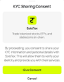 A pop-up notification for 'KYC Sharing Consent' featuring the Saflex logo, requesting permission to share KYC information with partners and including green 'Start Consent' and white 'Cancel' buttons.