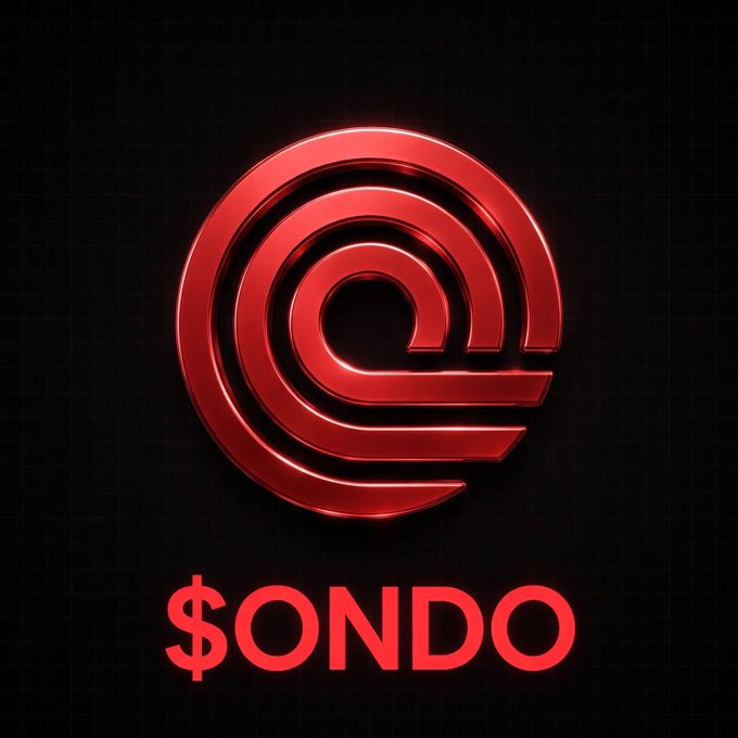 A glossy red circular emblem styled like a stylized "O" sits above the text "$ONDO" on a dark grid background, visually branding Ondo Finance's ticker. The post highlights ONDO's ~13% surge following the SEC's "Innovation Exemption" allowing tokenized U.S. stock trading.