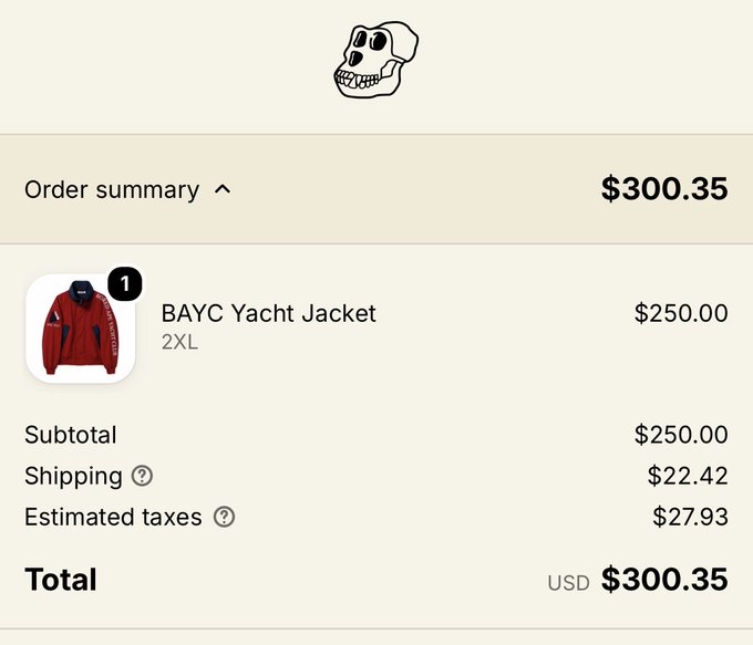 An order summary checkout screen for a 'BAYC Yacht Jacket' in 2XL size, with a subtotal of $250.00, taxes and shipping bringing the total to $300.35 USD.