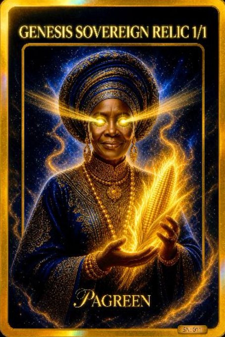 A fantasy illustration of a Black woman wearing an ornate blue and gold headdress and robe, with glowing golden eyes, holding glowing golden wheat. The text reads 'GENESIS SOVEREIGN RELIC 1/1' and 'PAGREEN'.
