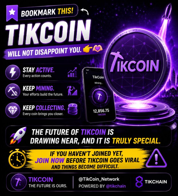 A promotional graphic for TikCoin features a purple cosmic design with a rocket launching, a glowing TikCoin medallion, and a smartphone displaying "Mining... 12,856.75 TIKCOIN," accompanied by calls to "STAY ACTIVE," "KEEP MINING," and "KEEP COLLECTING," along with the TikCoin Network and @tikchain branding. The image directly visualizes the post's message about bookmarking TikCoin, building through mining, and the upcoming "special" next chapter of the project.