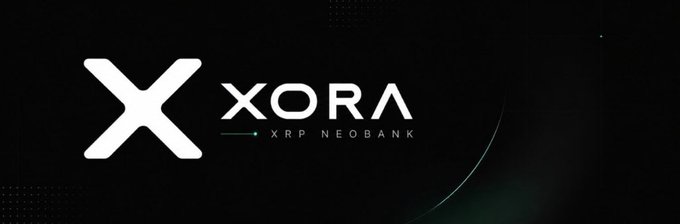 A logo on a black background displaying a stylized white 'X' alongside the text 'XORA' and 'XRP NEOBANK' in green.