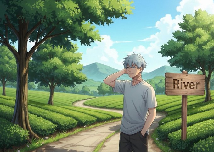 An anime-style illustration of a blue-haired character standing by a path in a lush green landscape next to a wooden sign that reads 'River'.