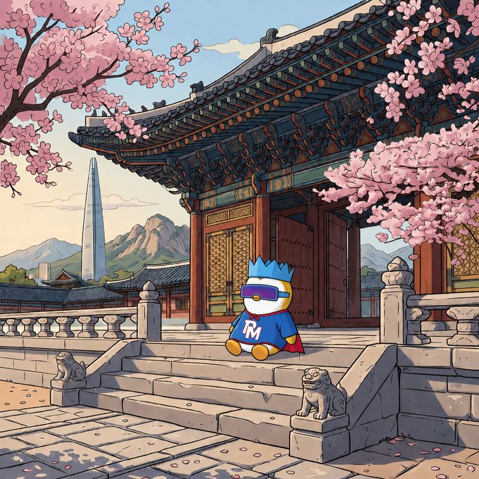 A plush Pudgy Penguin character wearing a blue "RM" jersey, crown, and sunglasses sits on the steps of a traditional Korean palace framed by cherry blossoms, with a modern tower and mountains in the background. The serene "GM fam" morning greeting ties into the image's tranquil setting and the $PENGU token reference.