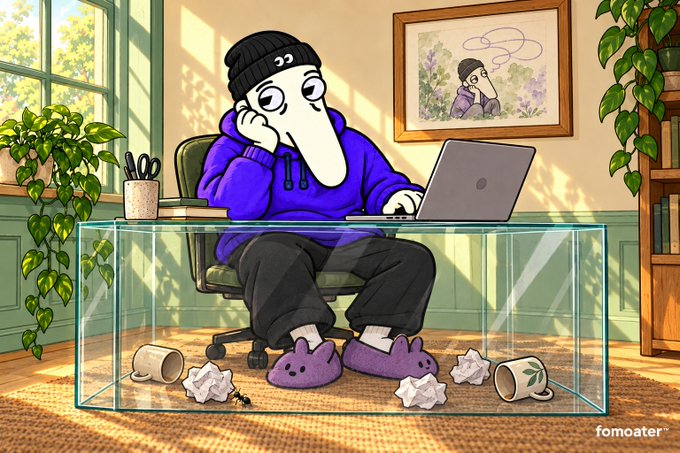 An illustration by "fomoater" showing a pale character in a purple hoodie and beanie sitting at a glass desk using a laptop, wearing purple bunny slippers on a rug with scattered paper balls and mugs.