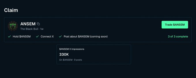 The image shows a "Claim" page for ANSEM (The Black Bull) on BullpenFi, displaying that all 3 of 3 tasks are complete (hold, connect X, post about $ANSEM) with 9 points (9K impressions) earned, supporting the post's argument that $ANSEM on BullpenFi offers a simple, low-barrier airdrop compared to other projects requiring long lockups.