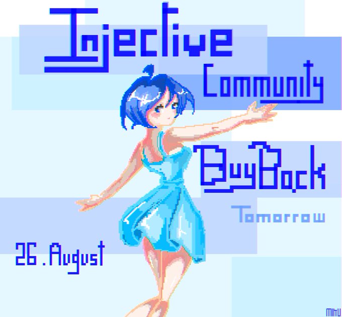 Pixel art promotional graphic featuring a blue-haired anime girl in a blue dress, with text reading 'Inactive Community BuyBack Tomorrow 26.August'.
