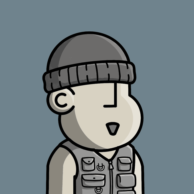The image features a cartoon character wearing a hat and vest with pockets. The character appears to be a man, possibly a pirate or a soldier, standing against a blue background. There are no texts present in the image, but there is a caption that reads "While markets are bleeding, NFTs are doing the opposite and @npconchain is on a run!" This caption seems unrelated to the character's appearance and could be an interesting addition to the post or a joke related to the character.